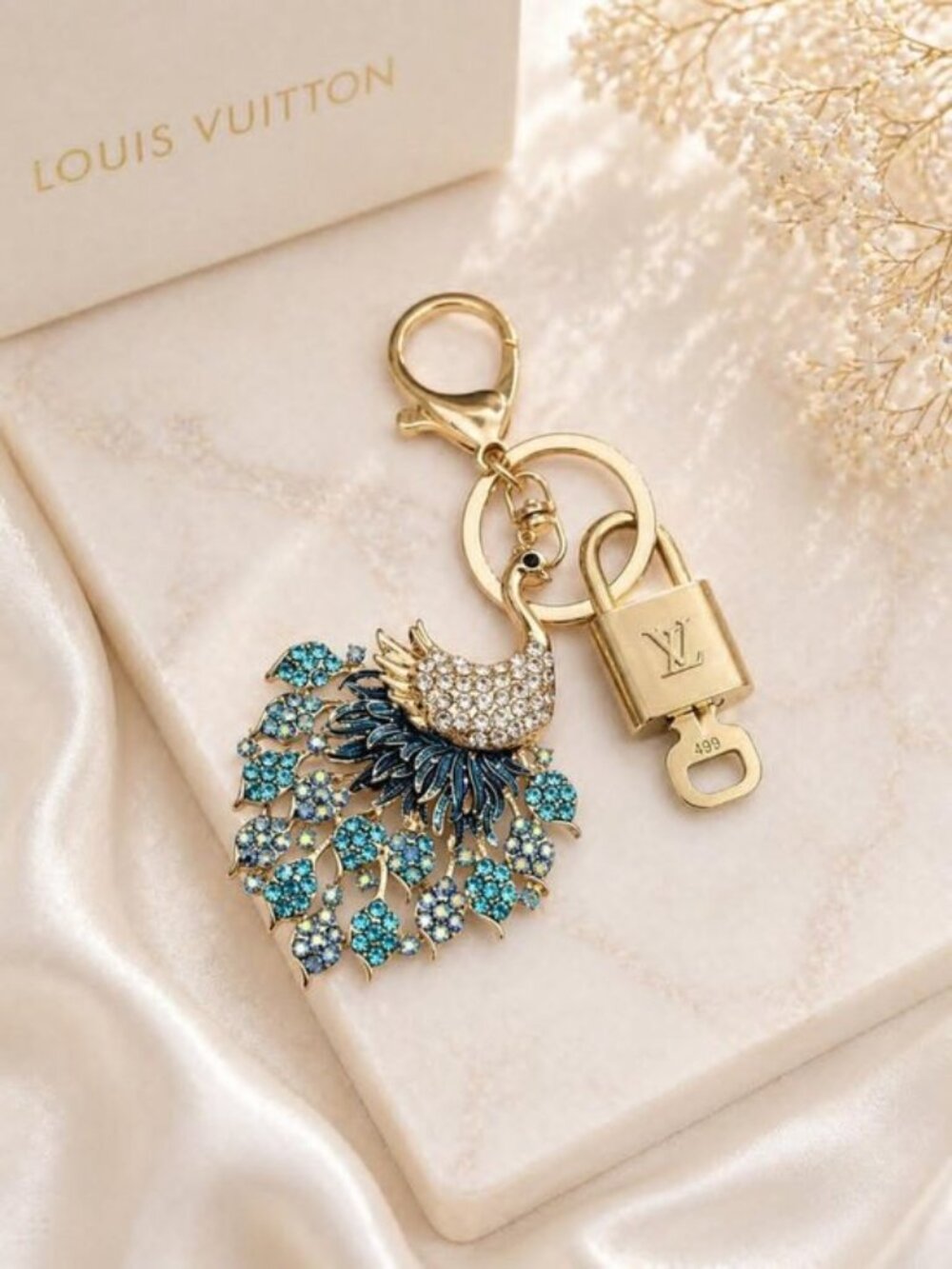 LV Gold Padlock 🔑 Authentic Louis Vuitton Charm + Unbranded Peacock Keychain